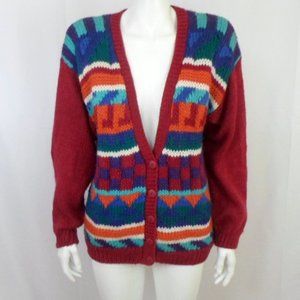 Vintage Center Aisle Red Aztec Geo Cardigan Sweater Button Up Long Sleeve